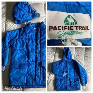 Vtg 70s 80s Pacific Trail Puffer Parka Coat Zip Snap Hood Mens M Blue